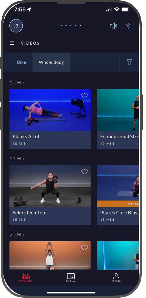 JRNY workout video library on mobile