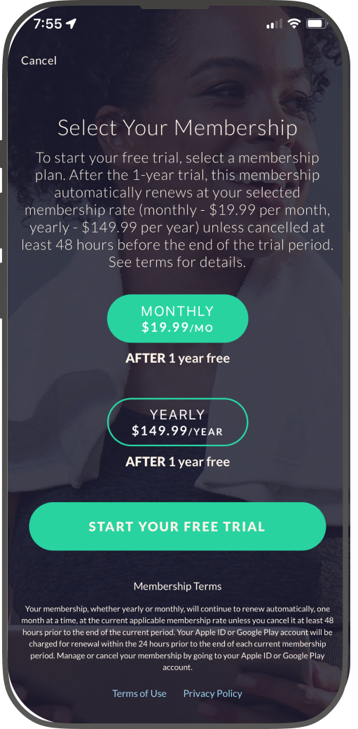 JRNY membership and free trial on mobile