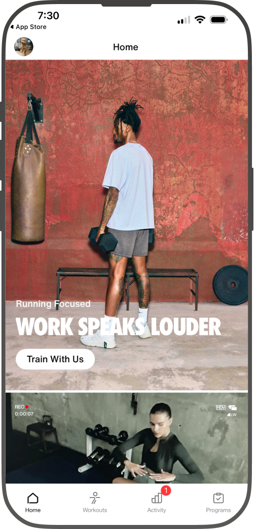 Nike Training Club Home tab, daily engagement content